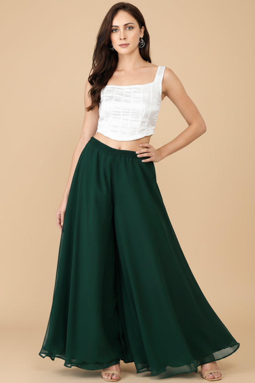 Generic Women's Pack of 2 Georgette Solid High Rise Wide Leg Flared Palazzos with Elastic Waist (Bottle Green)