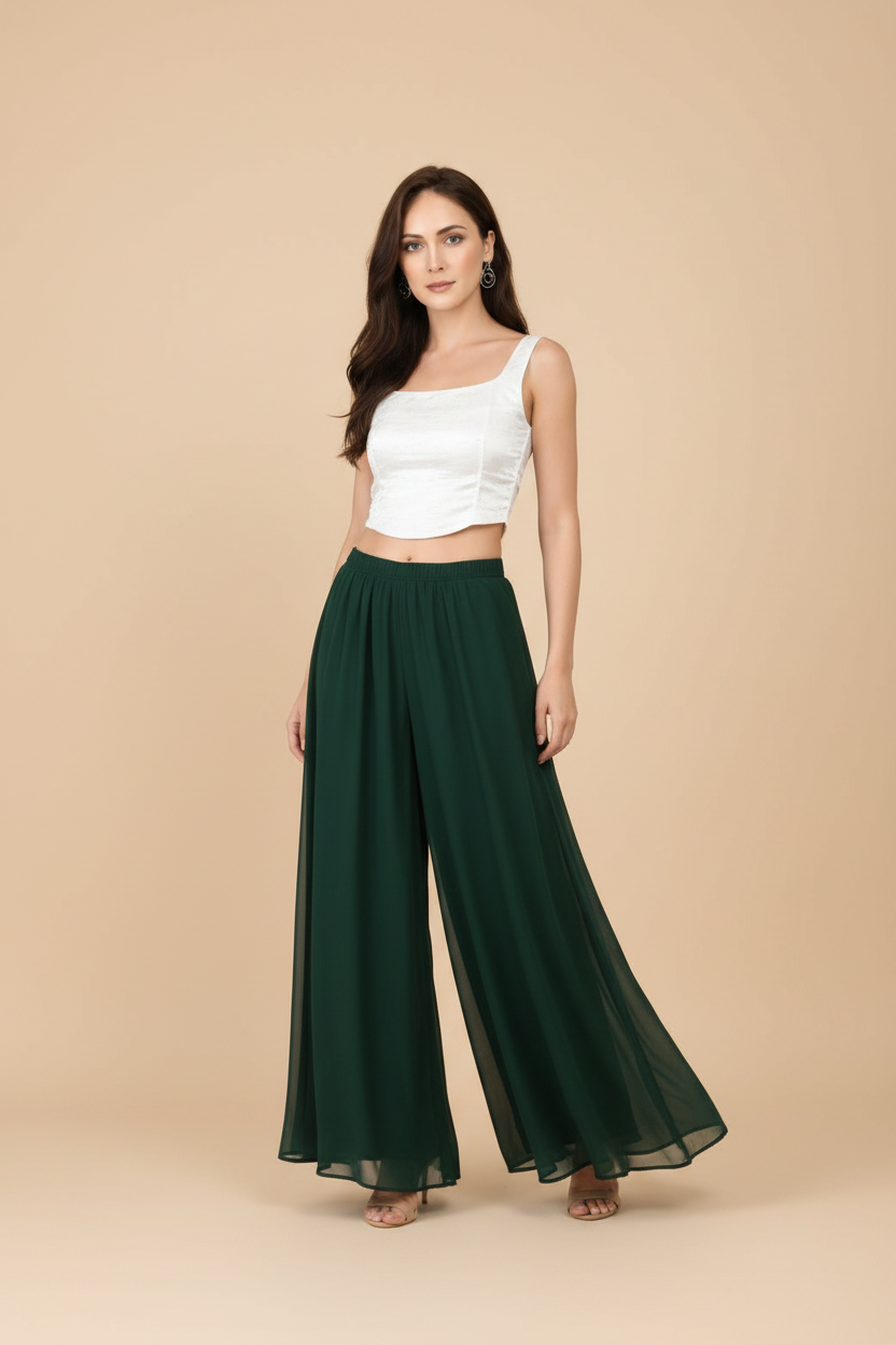 Generic Women's Pack of 2 Georgette Solid High Rise Wide Leg Flared Palazzos with Elastic Waist (Bottle Green)