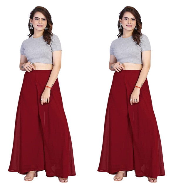 Generic Women's Pack of 2 Georgette Solid High Rise Wide Leg Flared Palazzos with Elastic Waist (Maroon)