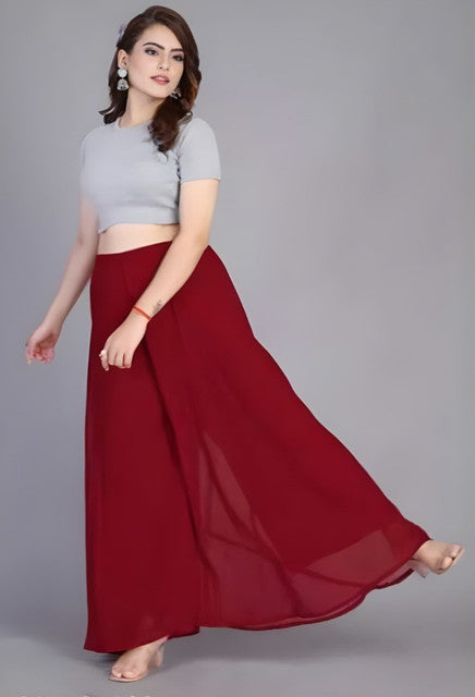 Generic Women's Pack of 2 Georgette Solid High Rise Wide Leg Flared Palazzos with Elastic Waist (Maroon)