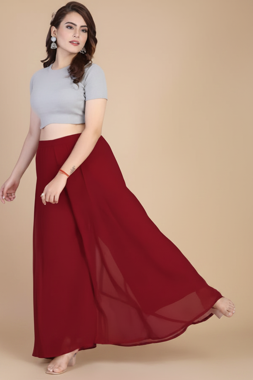 Generic Women's Pack of 2 Georgette Solid High Rise Wide Leg Flared Palazzos with Elastic Waist (Maroon)