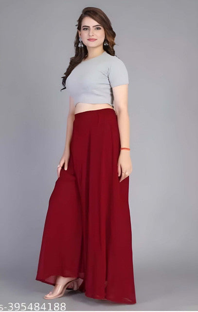 Generic Women's Pack of 2 Georgette Solid High Rise Wide Leg Flared Palazzos with Elastic Waist (Maroon)