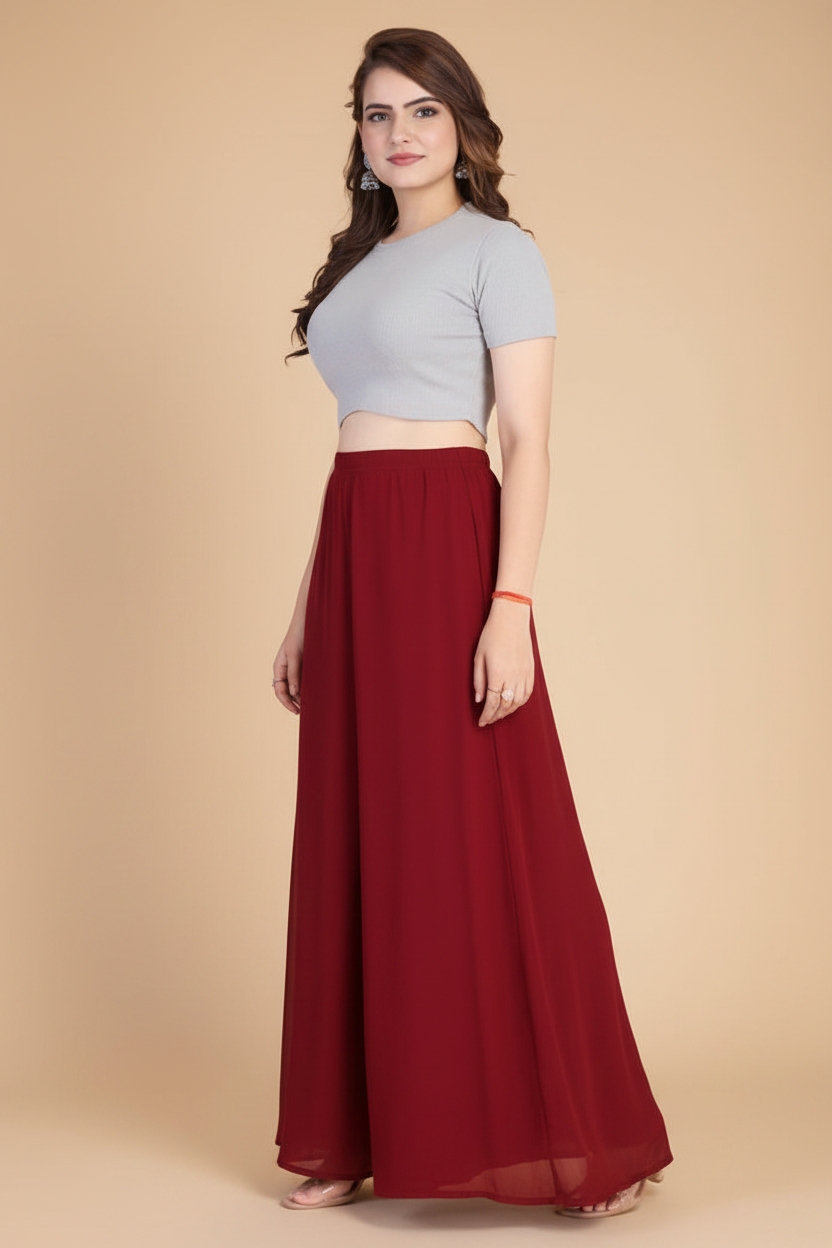 Generic Women's Pack of 2 Georgette Solid High Rise Wide Leg Flared Palazzos with Elastic Waist (Maroon)