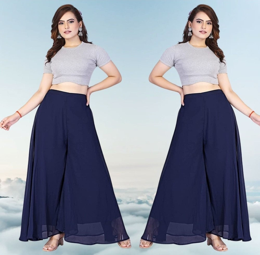 Generic Women's Pack of 2 Georgette Solid High Rise Wide Leg Flared Palazzos with Elastic Waist (Navy Blue)