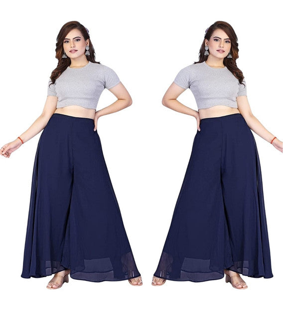 Generic Women's Pack of 2 Georgette Solid High Rise Wide Leg Flared Palazzos with Elastic Waist (Navy Blue)
