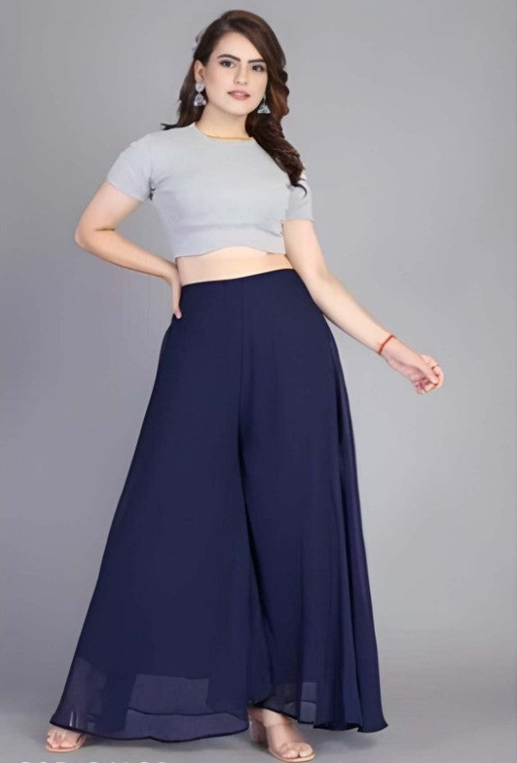 Generic Women's Pack of 2 Georgette Solid High Rise Wide Leg Flared Palazzos with Elastic Waist (Navy Blue)