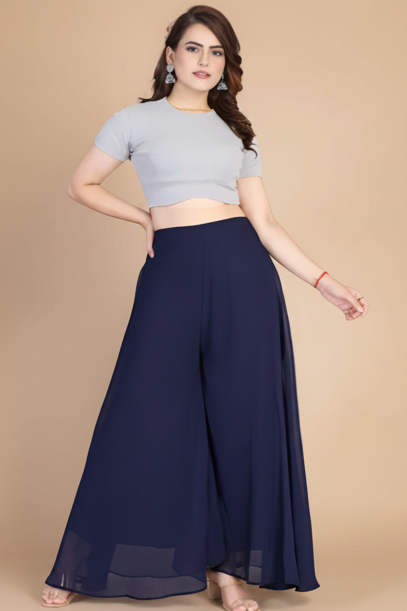 Generic Women's Pack of 2 Georgette Solid High Rise Wide Leg Flared Palazzos with Elastic Waist (Navy Blue)