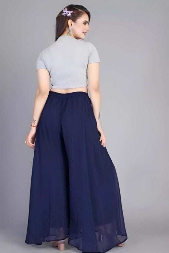 Generic Women's Pack of 2 Georgette Solid High Rise Wide Leg Flared Palazzos with Elastic Waist (Navy Blue)