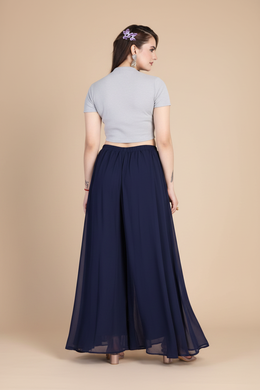 Generic Women's Pack of 2 Georgette Solid High Rise Wide Leg Flared Palazzos with Elastic Waist (Navy Blue)
