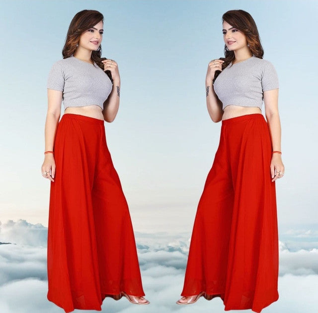 Generic Women's Pack of 2 Georgette Solid High Rise Wide Leg Flared Palazzos with Elastic Waist (Red)