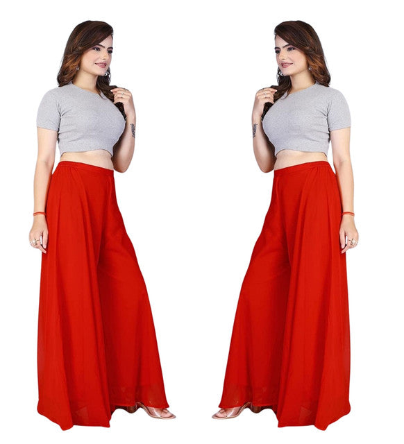 Generic Women's Pack of 2 Georgette Solid High Rise Wide Leg Flared Palazzos with Elastic Waist (Red)