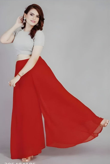 Generic Women's Pack of 2 Georgette Solid High Rise Wide Leg Flared Palazzos with Elastic Waist (Red)