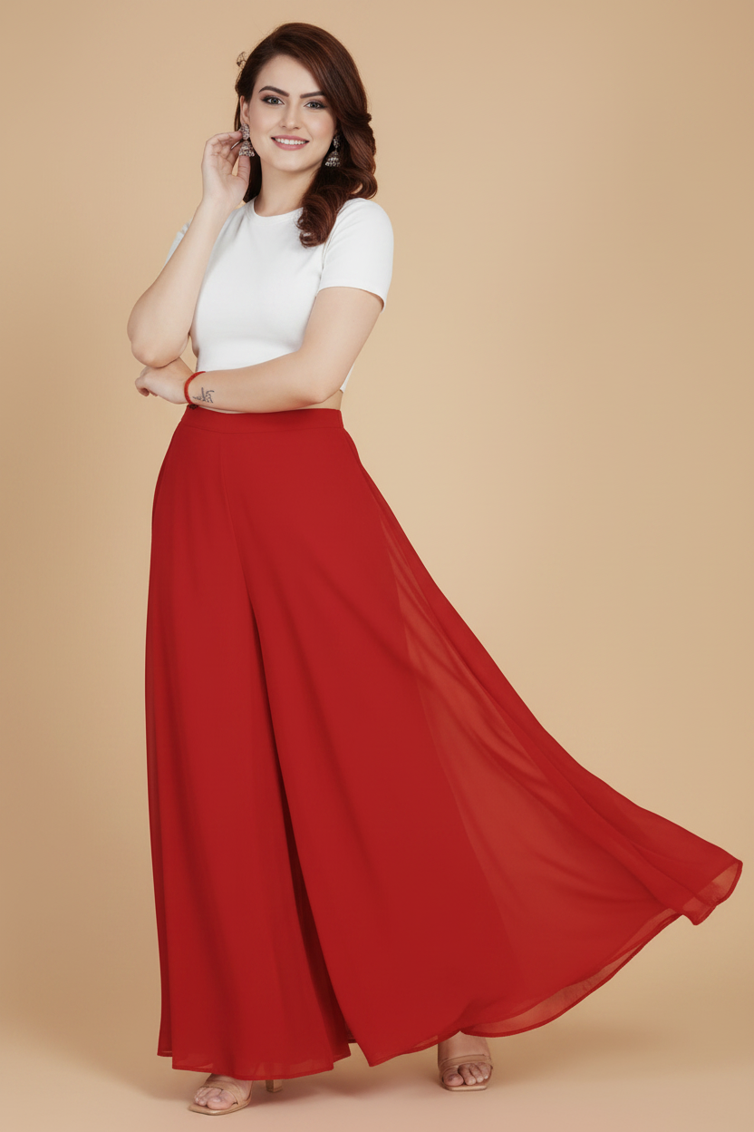 Generic Women's Pack of 2 Georgette Solid High Rise Wide Leg Flared Palazzos with Elastic Waist (Red)
