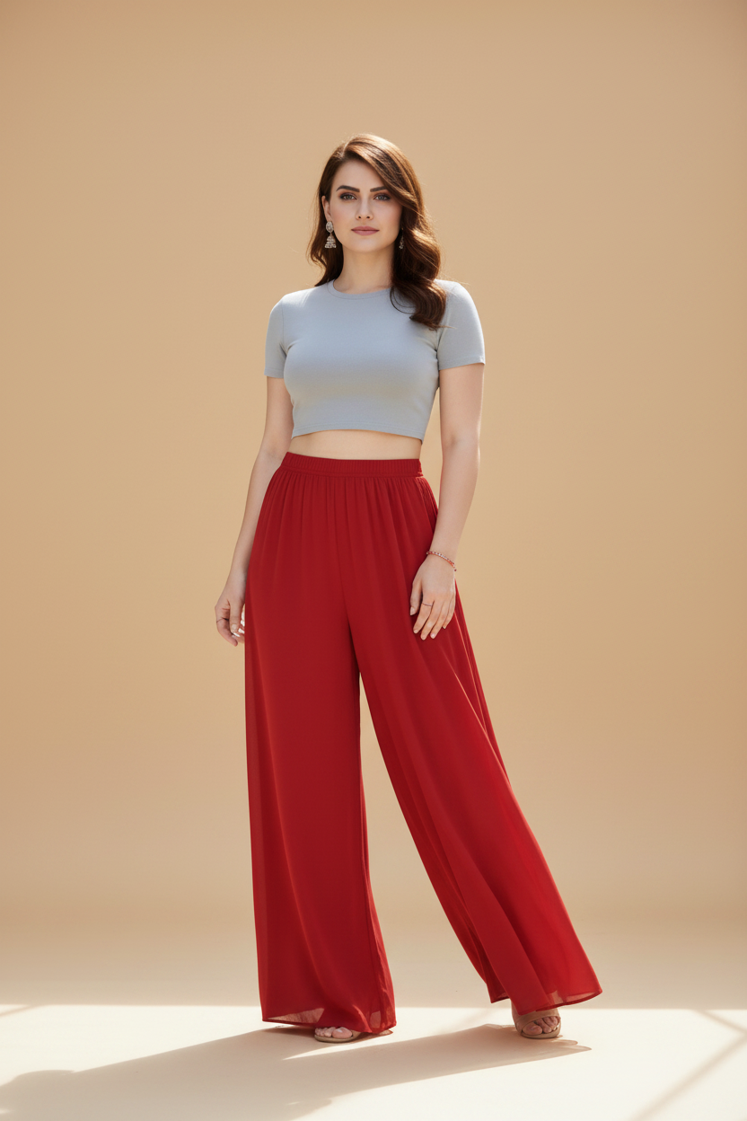 Generic Women's Pack of 2 Georgette Solid High Rise Wide Leg Flared Palazzos with Elastic Waist (Red)