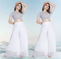 Generic Women's Pack of 2 Georgette Solid High Rise Wide Leg Flared Palazzos with Elastic Waist (White)