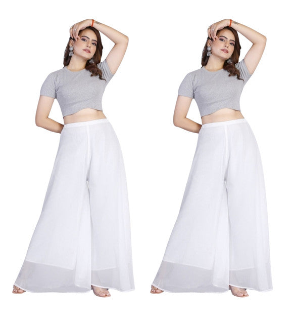 Generic Women's Pack of 2 Georgette Solid High Rise Wide Leg Flared Palazzos with Elastic Waist (White)