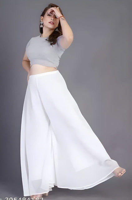 Generic Women's Pack of 2 Georgette Solid High Rise Wide Leg Flared Palazzos with Elastic Waist (White)