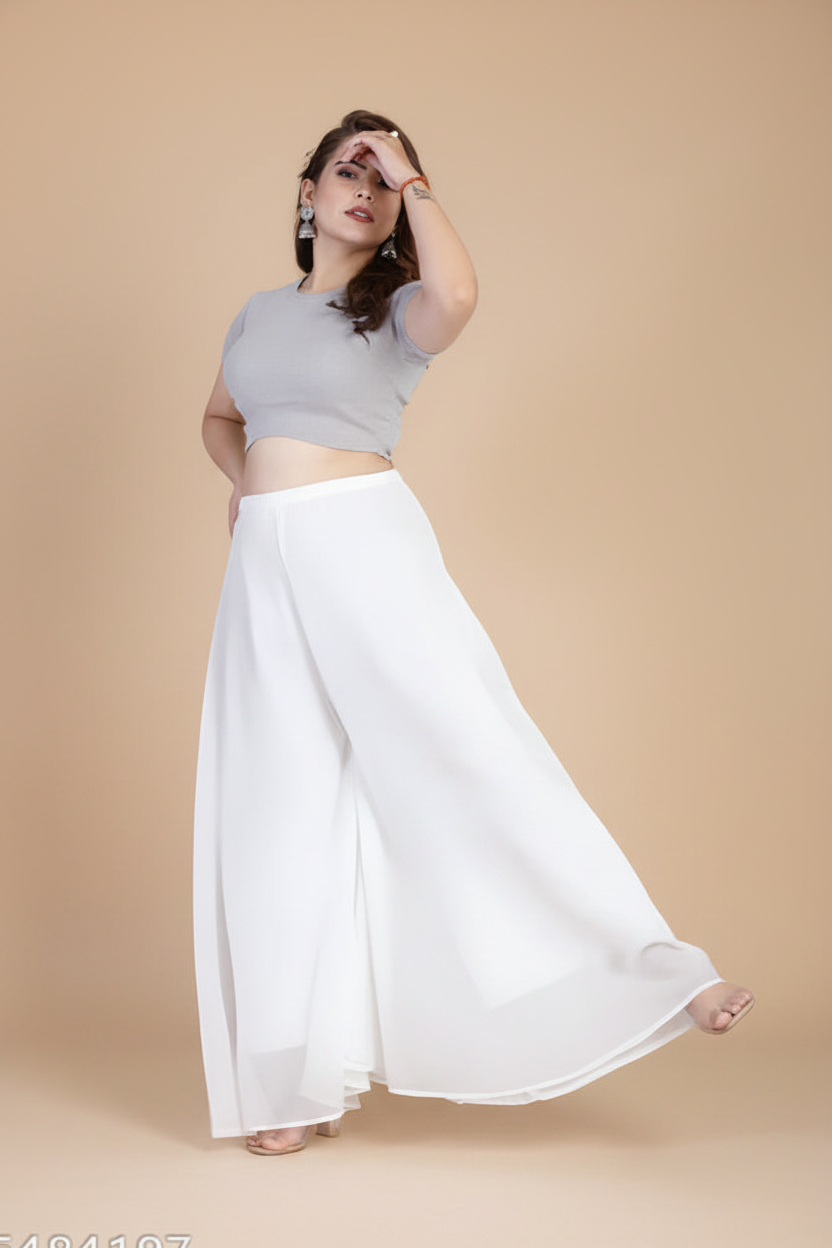 Snuggle Spot Women's Pack of 2 Georgette Solid High Rise Wide Leg Flared Palazzos with Elastic Waist (White)