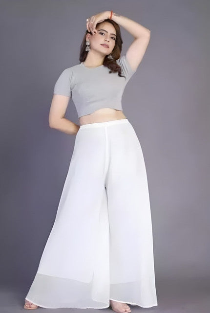 Generic Women's Pack of 2 Georgette Solid High Rise Wide Leg Flared Palazzos with Elastic Waist (White)