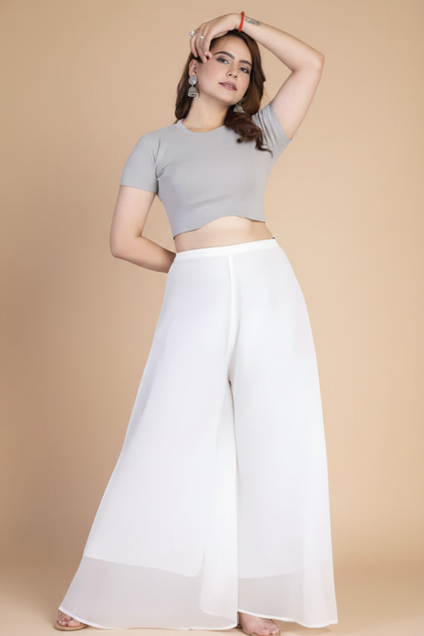 Generic Women's Pack of 2 Georgette Solid High Rise Wide Leg Flared Palazzos with Elastic Waist (White)