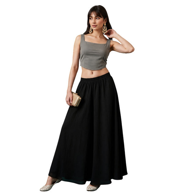 Generic Women's Georgette Solid Mid-Rise Wide Leg Flared Palazzo with Elastic Waist (Black)