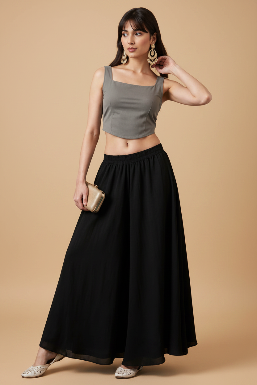 Generic Women's Georgette Solid Mid-Rise Wide Leg Flared Palazzo with Elastic Waist (Black)