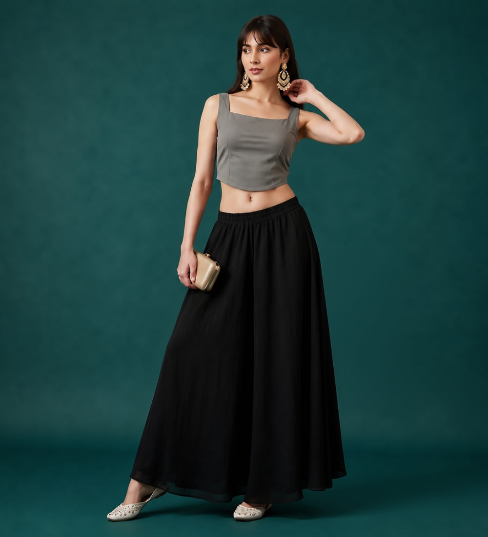 Generic Women's Georgette Solid Mid-Rise Wide Leg Flared Palazzo with Elastic Waist (Black)