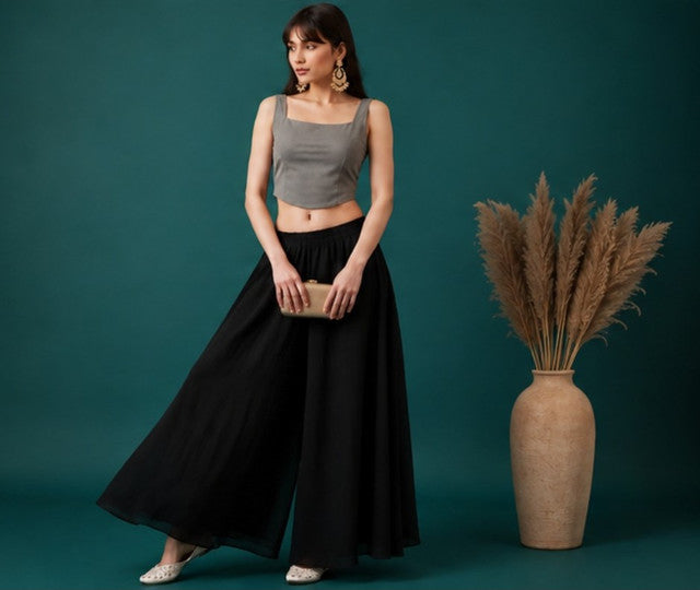 Generic Women's Georgette Solid Mid-Rise Wide Leg Flared Palazzo with Elastic Waist (Black)