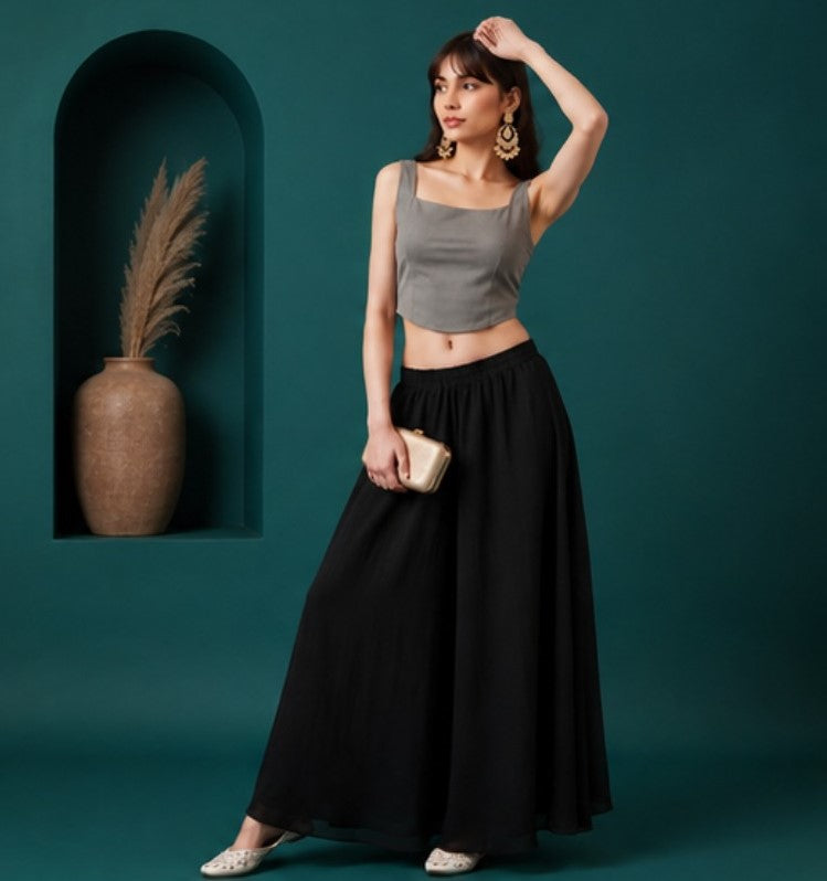Generic Women's Georgette Solid Mid-Rise Wide Leg Flared Palazzo with Elastic Waist (Black)