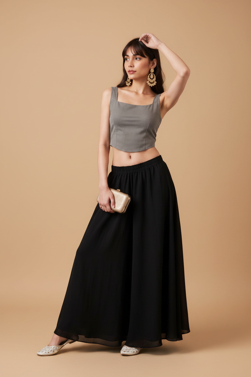 Generic Women's Georgette Solid Mid-Rise Wide Leg Flared Palazzo with Elastic Waist (Black)