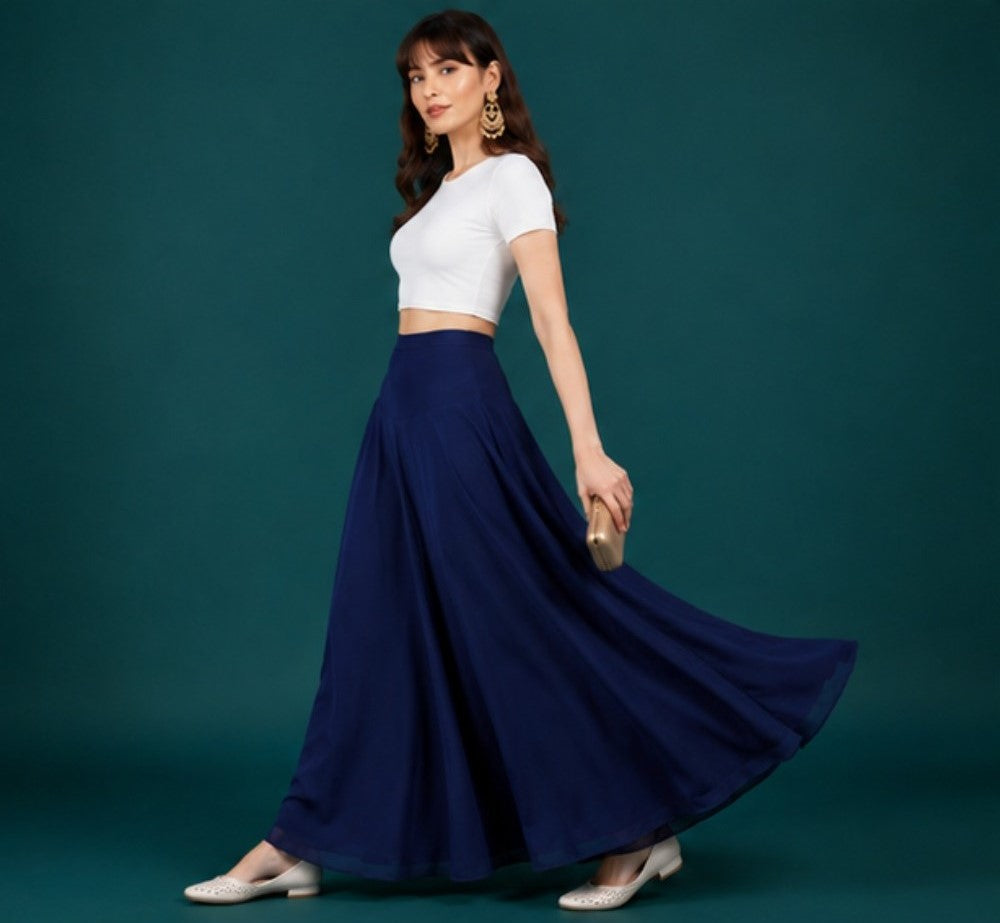 Generic Women's Georgette Solid Mid-Rise Wide Leg Flared Palazzo with Elastic Waist (Navy Blue)