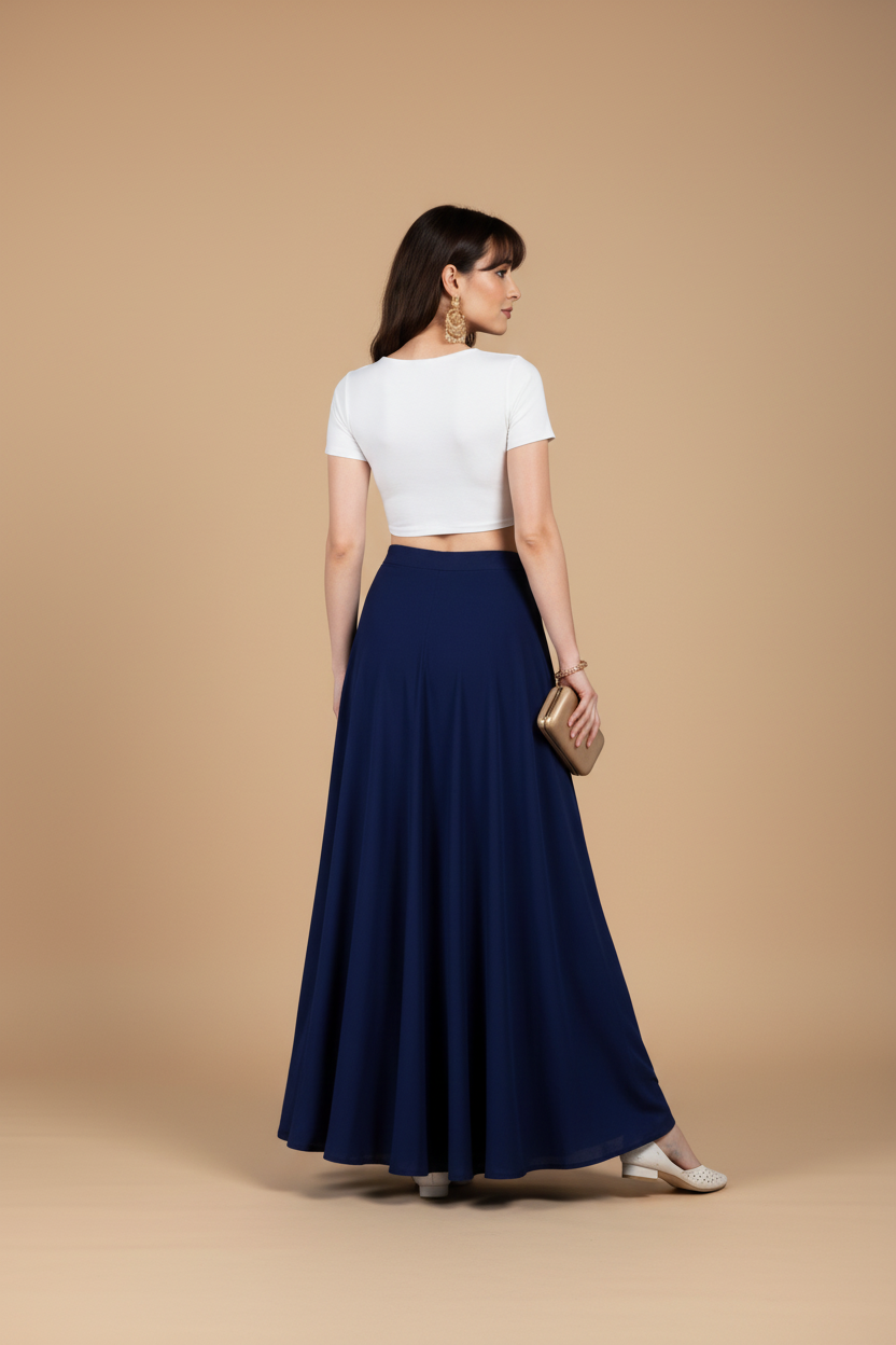 Generic Women's Georgette Solid Mid-Rise Wide Leg Flared Palazzo with Elastic Waist (Navy Blue)