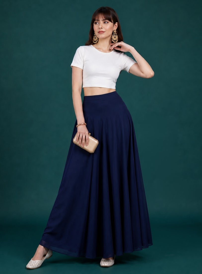 Generic Women's Georgette Solid Mid-Rise Wide Leg Flared Palazzo with Elastic Waist (Navy Blue)