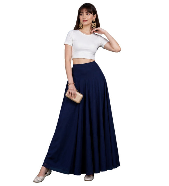 Generic Women's Georgette Solid Mid-Rise Wide Leg Flared Palazzo with Elastic Waist (Navy Blue)