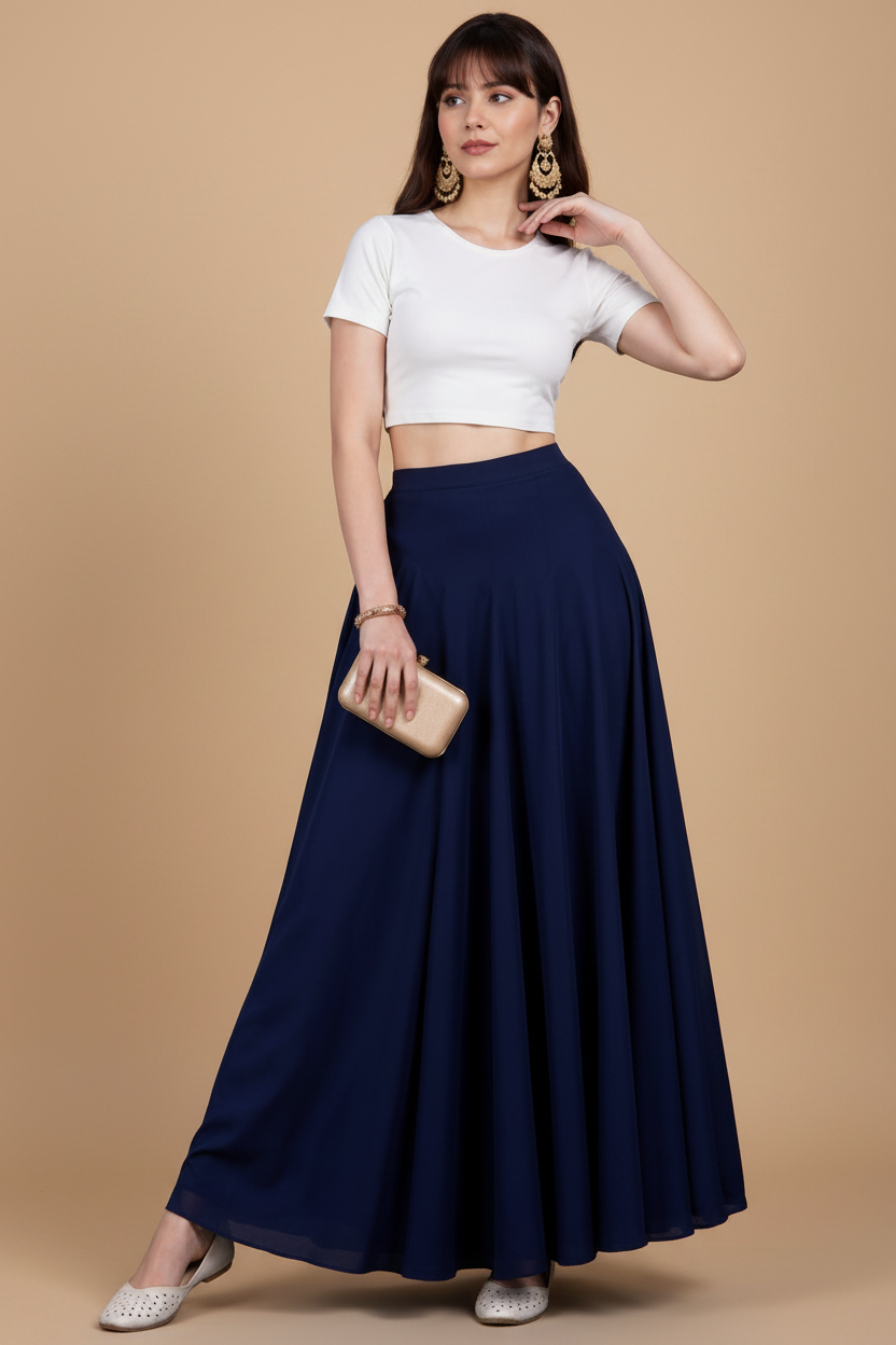 Generic Women's Georgette Solid Mid-Rise Wide Leg Flared Palazzo with Elastic Waist (Navy Blue)