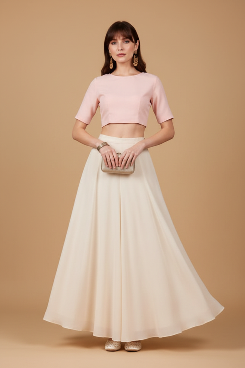 Generic Women's Georgette Solid Mid-Rise Wide Leg Flared Palazzo with Elastic Waist (Cream)