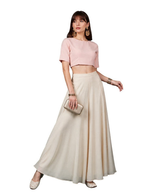 Generic Women's Georgette Solid Mid-Rise Wide Leg Flared Palazzo with Elastic Waist (Cream)