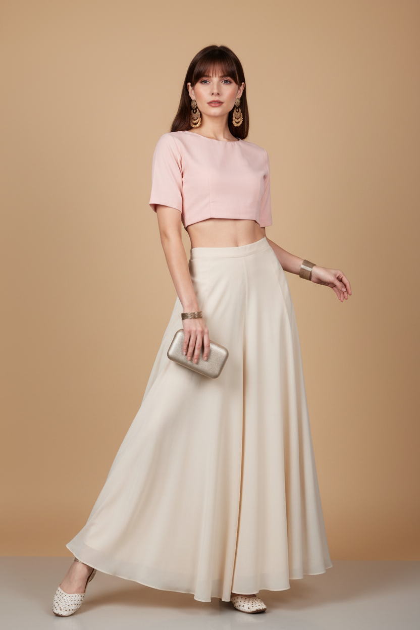 Snuggle Spot Women's Georgette Solid Mid-Rise Wide Leg Flared Palazzo with Elastic Waist (Cream)