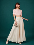 Generic Women's Georgette Solid Mid-Rise Wide Leg Flared Palazzo with Elastic Waist (Cream)