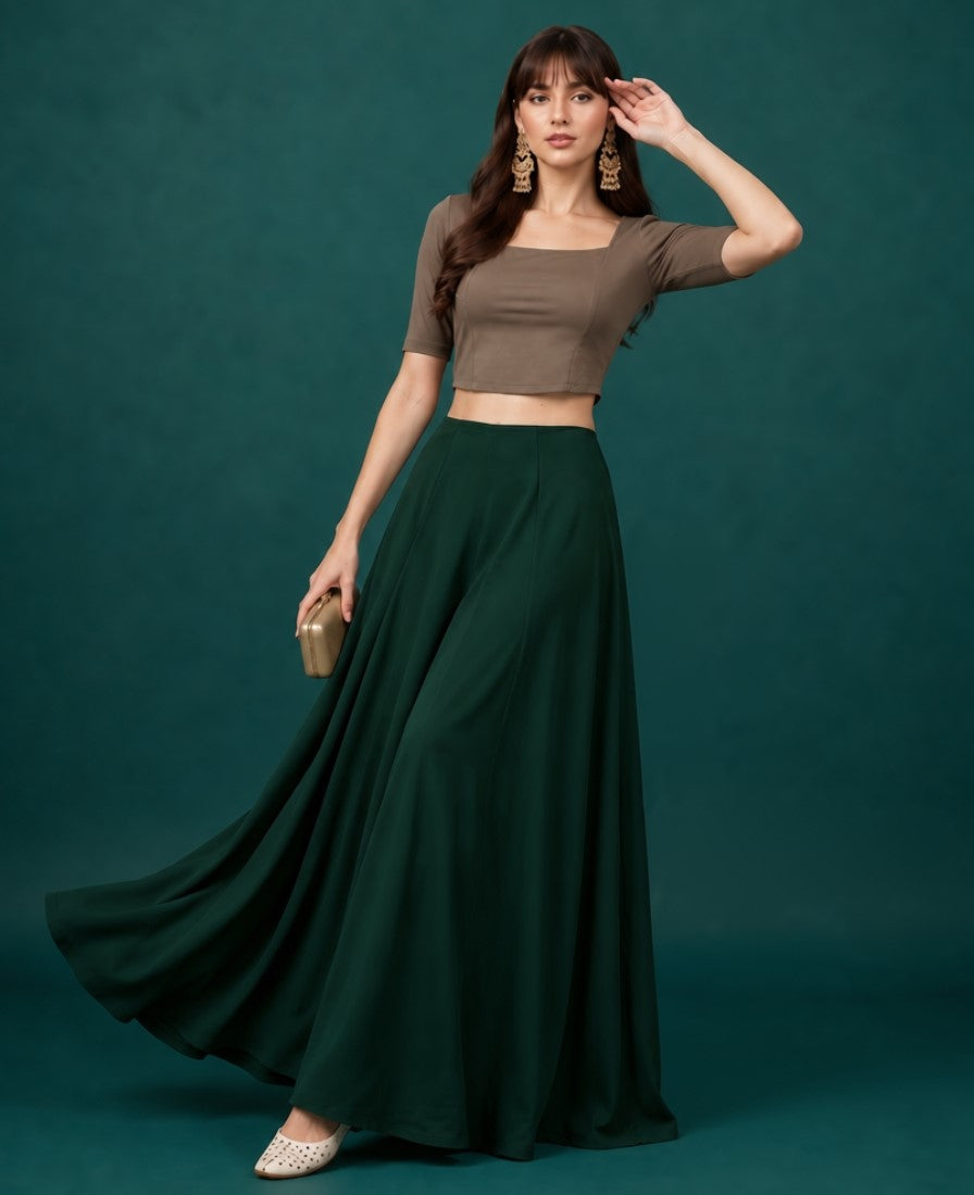 Generic Women's Georgette Solid Mid-Rise Wide Leg Flared Palazzo with Elastic Waist (Bottle Green)