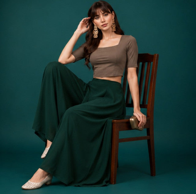 Generic Women's Georgette Solid Mid-Rise Wide Leg Flared Palazzo with Elastic Waist (Bottle Green)