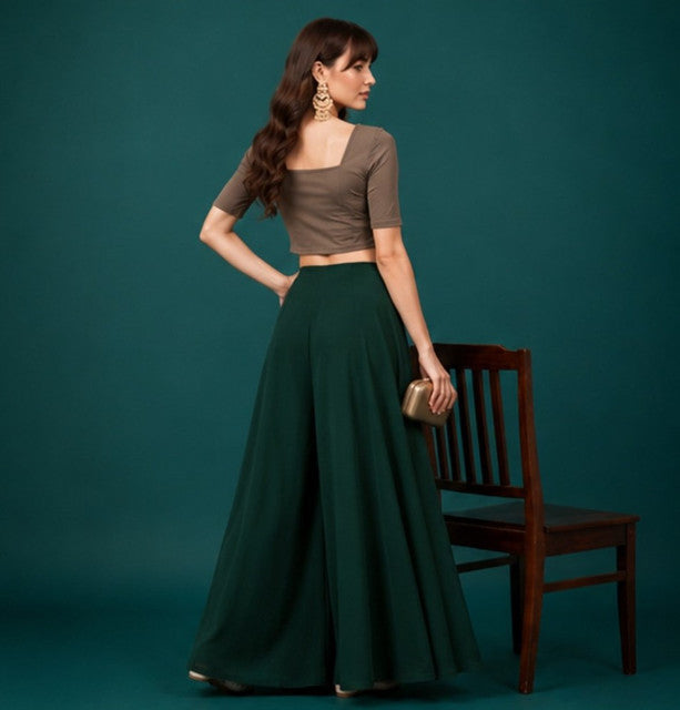 Generic Women's Georgette Solid Mid-Rise Wide Leg Flared Palazzo with Elastic Waist (Bottle Green)