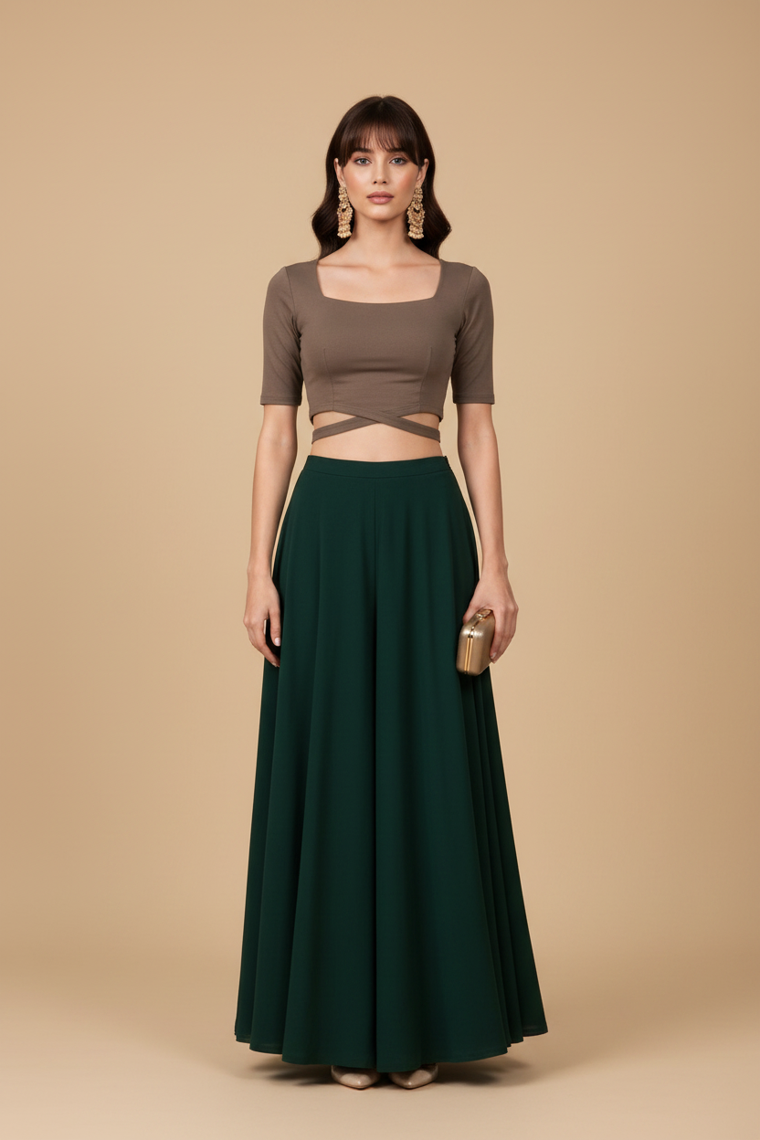 Generic Women's Georgette Solid Mid-Rise Wide Leg Flared Palazzo with Elastic Waist (Bottle Green)