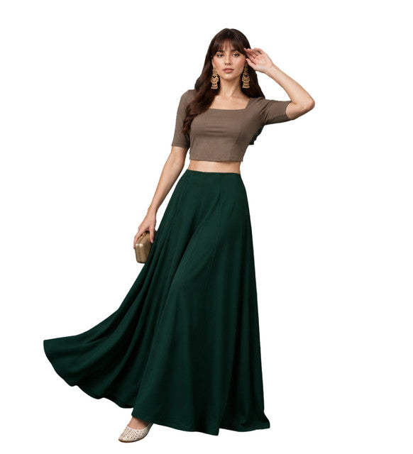 Generic Women's Georgette Solid Mid-Rise Wide Leg Flared Palazzo with Elastic Waist (Bottle Green)