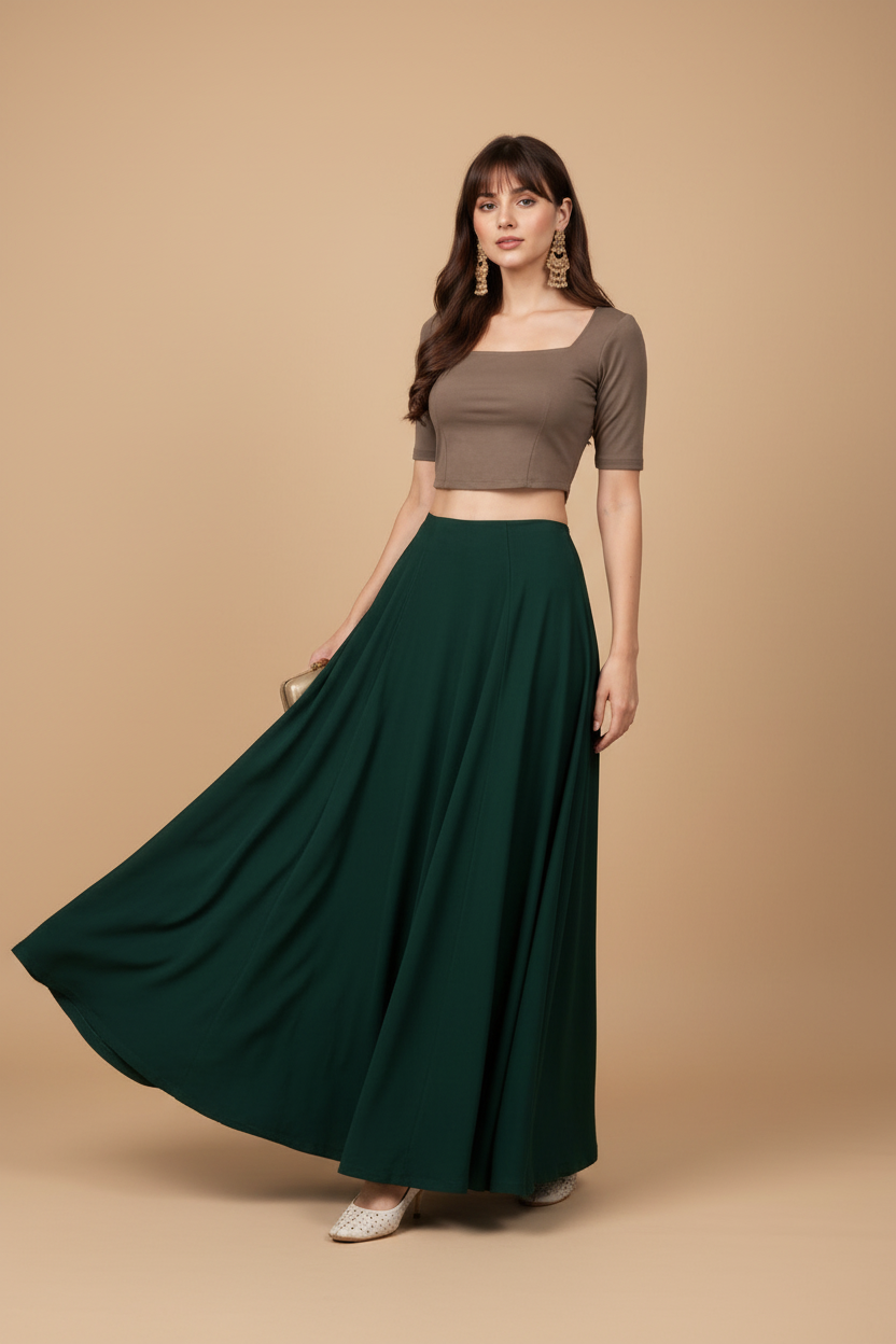 Generic Women's Georgette Solid Mid-Rise Wide Leg Flared Palazzo with Elastic Waist (Bottle Green)
