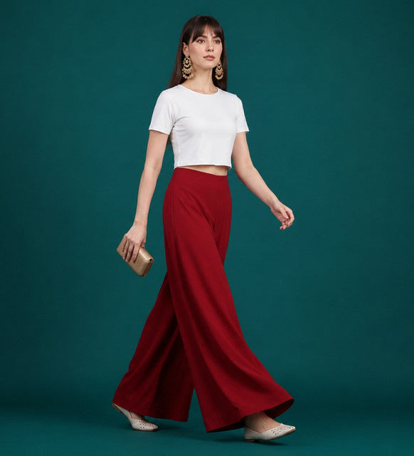 Generic Women's Georgette Solid Mid-Rise Wide Leg Flared Palazzo with Elastic Waist (Maroon)