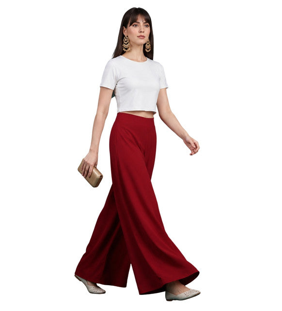 Generic Women's Georgette Solid Mid-Rise Wide Leg Flared Palazzo with Elastic Waist (Maroon)