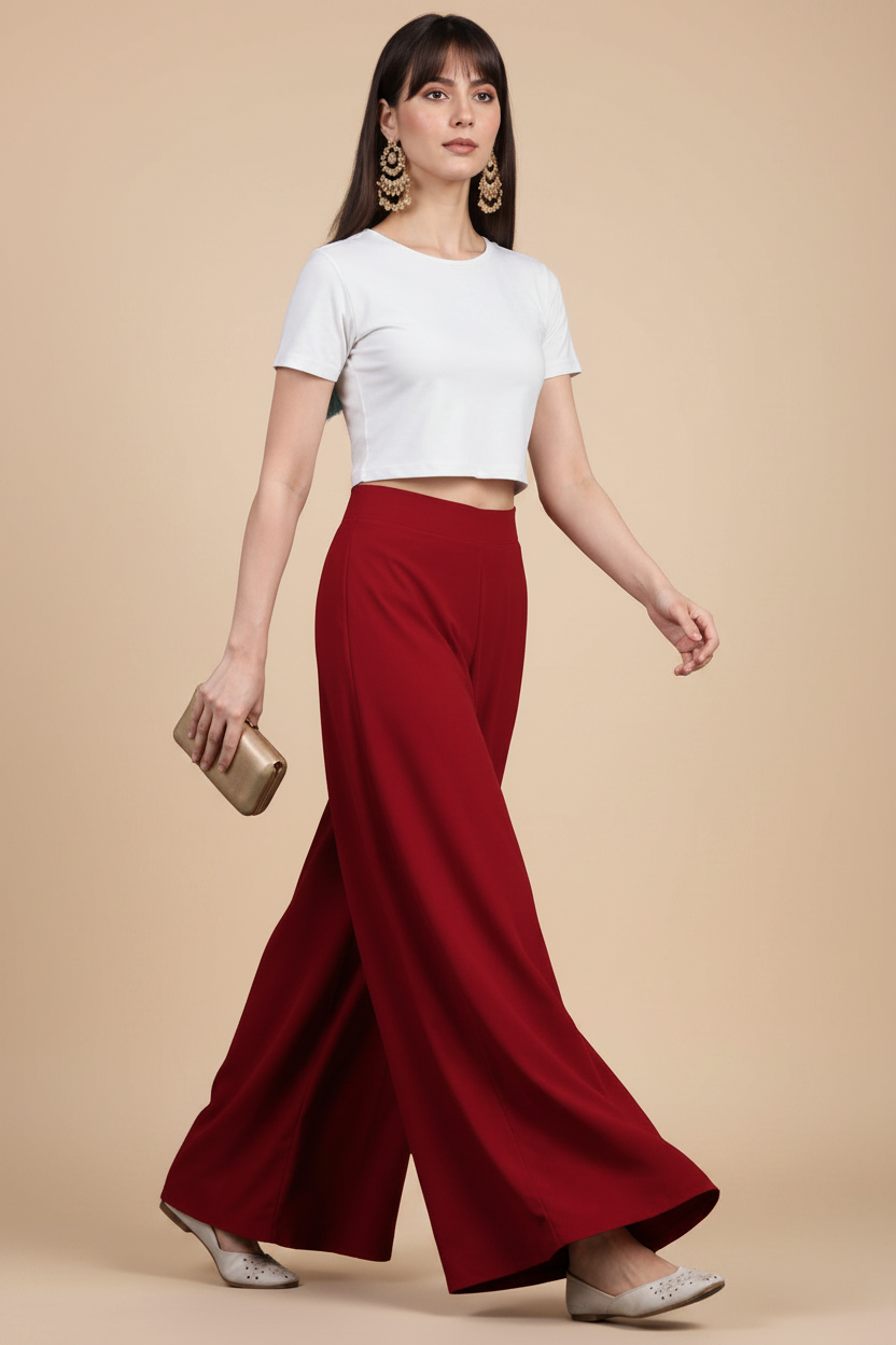 Generic Women's Georgette Solid Mid-Rise Wide Leg Flared Palazzo with Elastic Waist (Maroon)
