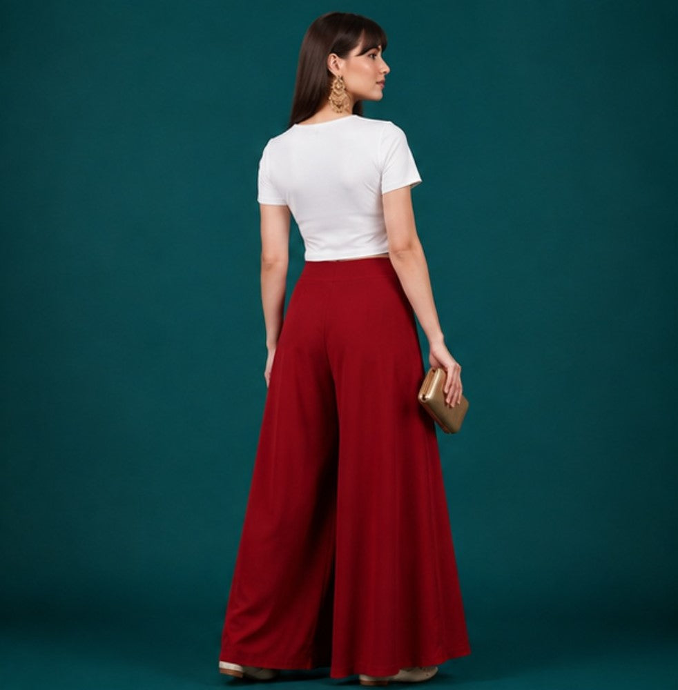 Generic Women's Georgette Solid Mid-Rise Wide Leg Flared Palazzo with Elastic Waist (Maroon)