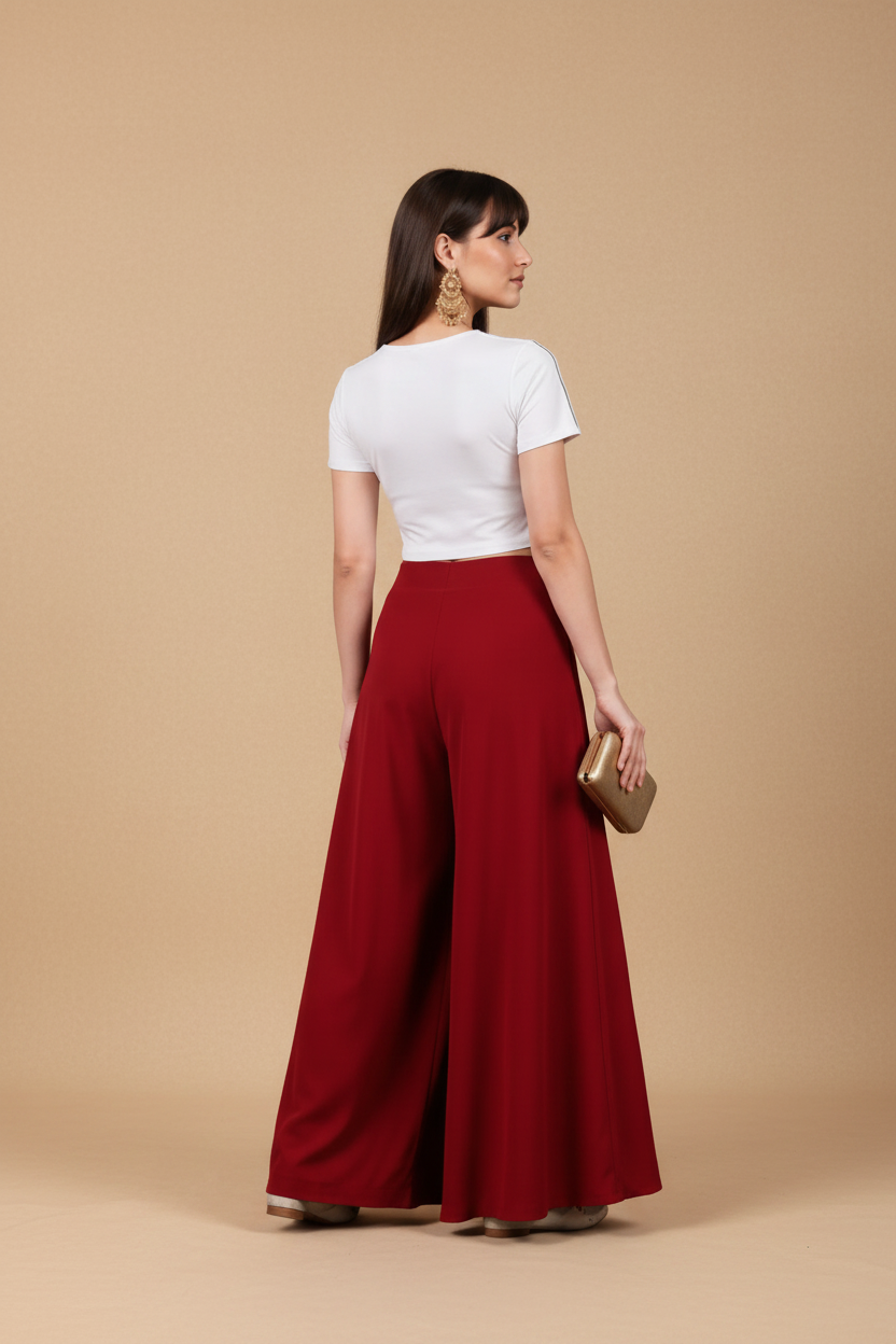 Generic Women's Georgette Solid Mid-Rise Wide Leg Flared Palazzo with Elastic Waist (Maroon)